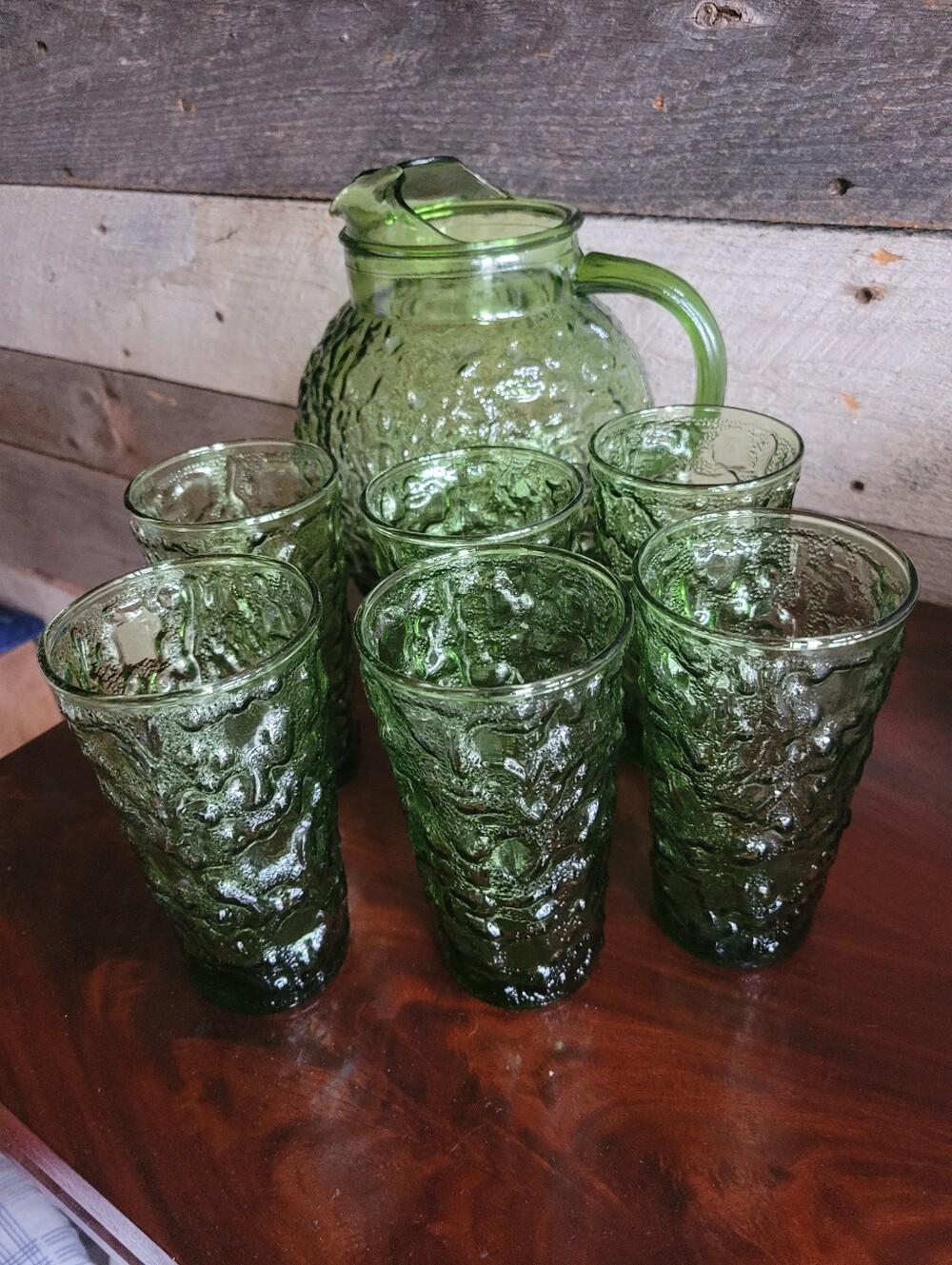 VTG Anchor Hocking Lido Milano Avocado Green Pitcher & 6 Glasses Set MCM Crinkle